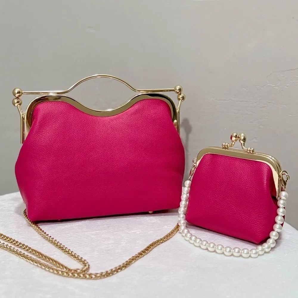 Hot Pink Pebble Leather Handmade Double Kisslock, Metal Frame Handbag Set